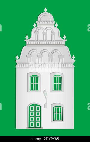 Papierhaus isoliert auf grünem Hintergrund. Origami Stadtgebäude. Cottage außen aus weißem Papier geschnitten Kunst und Handwerk Stil Design. Vektorgrafik Stock Vektor