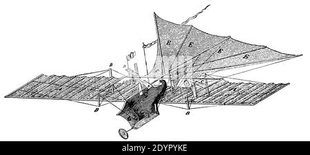 Der Ornithopter (Frühflieger) von Jakob Degen. Illustration des 19. Jahrhunderts. Deutschland. Weißer Hintergrund. Stockfoto