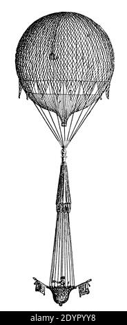 Der Gasballon mit Fallschirm von Jacques Charles. Illustration des 19. Jahrhunderts. Deutschland. Weißer Hintergrund. Stockfoto