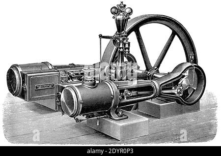 Horizontaler Doppelmotor aus dem Maschinenwerk Augsburg. Illustration des 19. Jahrhunderts. Deutschland. Weißer Hintergrund. Stockfoto