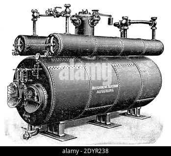 Horizontaler Dampfkessel aus der Augsburger Maschinenfabrik. Illustration des 19. Jahrhunderts. Deutschland. Weißer Hintergrund. Stockfoto