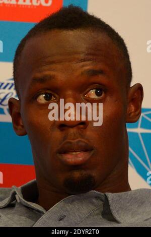 Der jamaikanische Athlet Usain Bolt bei einer Pressekonferenz zur Vorstellung des AREVA Athletics Meeting am 2. Juli 2013 in Paris, Frankreich. Weltrekordsprinter Bolt wird am 6. Juli beim Diamond League Athletics Meeting im stade de France in Saint-Denis bei Paris antreten. Foto von Henri Szwarc/ABACAPRESS.COM Stockfoto