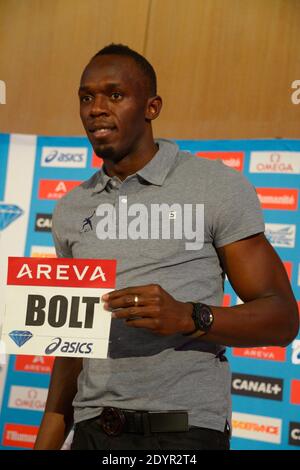 Der jamaikanische Athlet Usain Bolt bei einer Pressekonferenz zur Vorstellung des AREVA Athletics Meeting am 2. Juli 2013 in Paris, Frankreich. Weltrekordsprinter Bolt wird am 6. Juli beim Diamond League Athletics Meeting im stade de France in Saint-Denis bei Paris antreten. Foto von Henri Szwarc/ABACAPRESS.COM Stockfoto