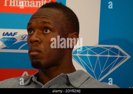 Der jamaikanische Athlet Usain Bolt bei einer Pressekonferenz zur Vorstellung des AREVA Athletics Meeting am 2. Juli 2013 in Paris, Frankreich. Weltrekordsprinter Bolt wird am 6. Juli beim Diamond League Athletics Meeting im stade de France in Saint-Denis bei Paris antreten. Foto von Henri Szwarc/ABACAPRESS.COM Stockfoto