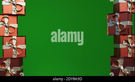 Set von Geschenken Box. Kollektion realistische Geschenk-Geschenke auf grünem Hintergrund. 3d-Rendering Stockfoto
