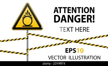 Vorsicht Oxidationsmittel. Sicherheitsschild. Sicherheit am Arbeitsplatz. Gelbes Dreieck mit schwarzem Bild, Metallsäule, Schutzbänder. Isoliertes Objekt. Weißer Hintergrund Stock Vektor