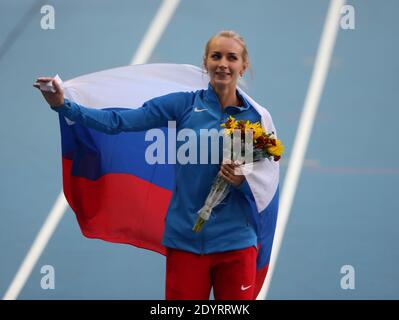 Die Russin Svetlana Shkolina feiert am 17. August 2013 den Sieg im Hochsprung-Finale der Frauen bei den IAAF-Weltmeisterschaften 2013 im Luschniki-Stadion in Moskau. Foto von Giuliano Bevilacqua/ABACAPRESS.COM Stockfoto