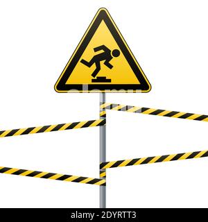 Vorsicht, kaum wahrnehmbares Hindernis. Sicherheitsschild. Gelbes Dreieck mit schwarzem Bild auf der Stange und schützenden Bändern. Vektorgrafiken. Stock Vektor