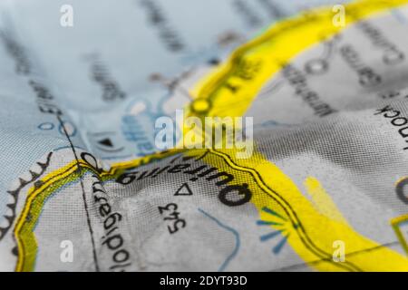 Detail einer mit Text markierten Straßenkarte von schottland Markierungsbereich Quiraing Stockfoto