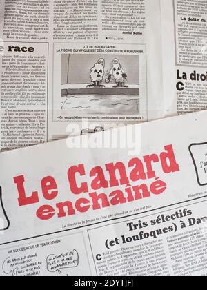 Die französische Satirezeitung 'Le Canard Enchaine' veröffentlichte am 11. September 2013 einen Cartoon über den Atomunfall von Fukushima in Paris. Foto von Thierry Orban/ABACAPRESS.COM Stockfoto