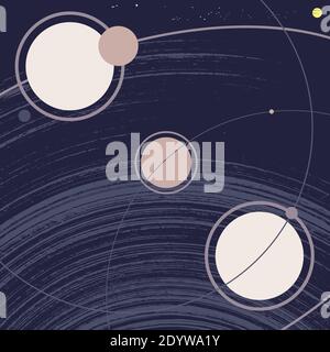 Weltraumgalaxie mit Planeten, Umlaufbahnen, Satelliten, Monden, Sonne und Sternen. Retro-Stil Grunge Vektor-Illustration. Klassisches, minimalistisches Poster Stockfoto