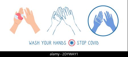 Icon Hand Seife waschen Cartoon-Set. Infografik zum Stoppen des Coronavirus. Flache Desinfektion Desinfektionsmittel Waschhandwäsche, antiseptische Symbol Sammlung. Seife und Schaum. Isolierte Vektordarstellung Stock Vektor