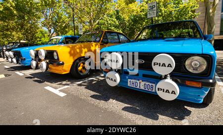 Ford Escorts auf Ausstellung bei Oldtimer-Show Stockfoto