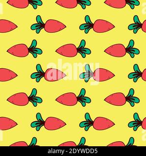 Baby Karotten, nahtlose Muster auf gelbem Hintergrund. Stock Vektor