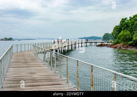 Die Promenade, Felsstrand und rote Mangroven in Chek Jawa Feuchtgebiet. Es ist ein Kap und der Name seiner 100 Hektar großen Feuchtgebiete auf der Süd-östlichen Stockfoto