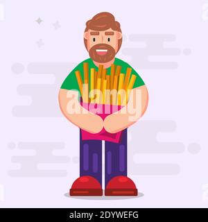 Fat Mann lächelnd essen französisch Pommes Vektor-Illustration in flach Stil Stock Vektor