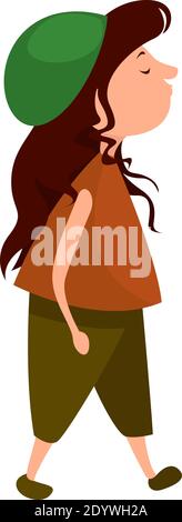 Mädchen mit grünen Hosen und Hut, Illustration, Vektor auf weißem Hintergrund. Stock Vektor