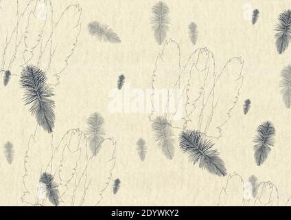 Beige Vintage Hintergrund, Stoff Textur, graue Federn Stockfoto