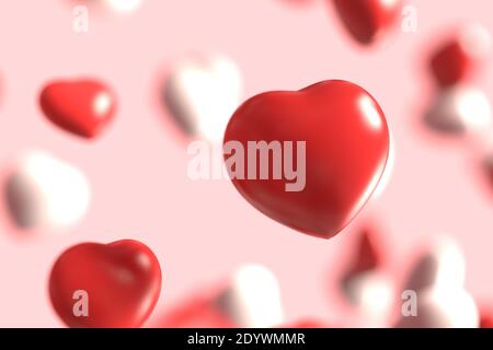 Gruppe von roten und weißen Gummi Valentines Herz schwimmend auf rosa Hintergrund als süße Süßigkeiten regnerisch. Urlaub und Zuneigung Liebe Konzept Leidenschaft. Begrüßung Stockfoto