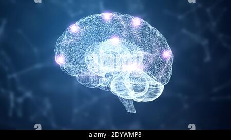 3D Abstract HUD Gehirn und Nervensystem Wireframe Hologramm Simulationsknoten mit Beleuchtung auf blauem Hintergrund. Nanotechnologie und Zukunftswissenschaft c Stockfoto