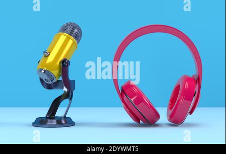 Gelbes PODCAST-Mikrofon und pinker Kopfhörer auf blauem Hintergrund. Entertainment- und Online-Videokonferenz-Konzept. Rendering von 3D-Illustrationen Stockfoto