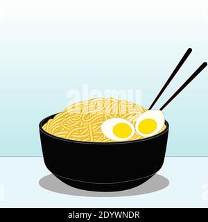 Frische leckere Schüssel mit asiatischen Ramen Nudeln und Eier mit Essstäbchen. Vektorgrafik Stock Vektor
