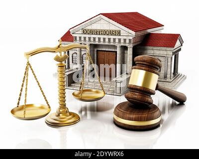 Gerichtsgebäude, Gavel und ausgewogene Skala isoliert auf weißem Hintergrund. 3D-Illustration. Stockfoto