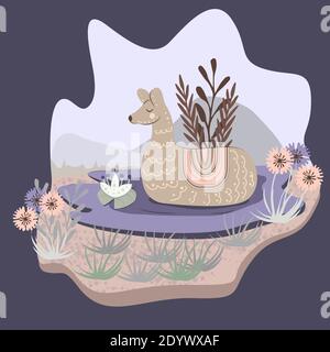 Liebe Alpaca Grußkarte für einen Urlaub und Dekoration mit einer niedlichen Dame auf dem Hintergrund einer Landschaft in Pastellfarben. Doodle-Stil. Vektor Stock Vektor