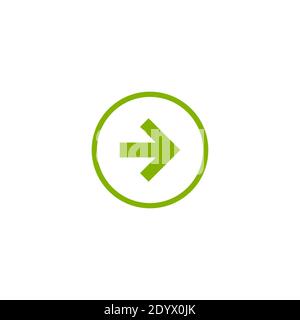 Grüner Pfeil nach rechts im Kreis. Flaches Symbol isoliert auf Weiß. Symbol „Weiter“. Geben Sie als Nächstes das Zeichen ein. Pfeil nach Osten. Geometrischer Stil Stock Vektor