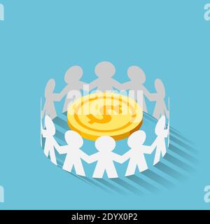 Flache 3d Isometrisches Papier Menschen umgeben Golddolinmünze. Geldschutz und finanzielle Einsparung Versicherungskonzept Stock Vektor