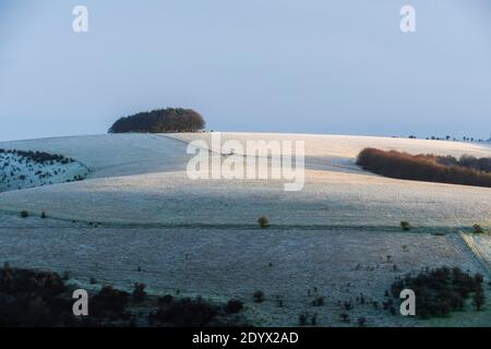 Shaftesbury, Dorset, Großbritannien. Dezember. Wetter in Großbritannien. Eine leichte Schneedecke bedeckt Compton Down in der Nähe von Shaftesbury in Dorset nach einer frühen morgendlichen winterlichen Dusche. Bild: Graham Hunt/Alamy Live News Stockfoto