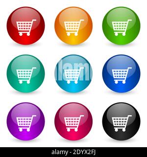 Warenkorb, Shop, Trolley Vektor-Symbole, Satz von bunten glänzenden 3d-Rendering-Ball-Tasten in 9 Farboptionen Stock Vektor
