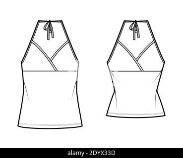 Set von Camisoles Halfter Hals Surplice Tanks technische Mode Illustration mit Empire-Naht, Schleife, schlank, übergroße Passform, Tunika Länge. Flattop Schablone vorne, weiß. Frauen Männer CAD Mockup Stock Vektor