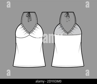 Top V-Ausschnitt Halfter Tank technische Mode-Illustration mit Empire-Naht, dünnen Tunika, überdimensioniert, Schleife, Tunika Länge. Flach außen Schablone vorne, hinten, weiß. Frauen Männer Unisex CAD mockup Stock Vektor