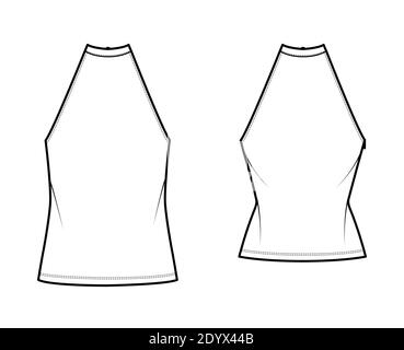 Set von Tops High neck Halfter Tanks technische Mode Illustration mit Schleife, schlank, übergroße Passform, Taille Länge. Flach außen Bekleidungsschablone vorne, weiß. Frauen Männer Unisex CAD mockup Stock Vektor