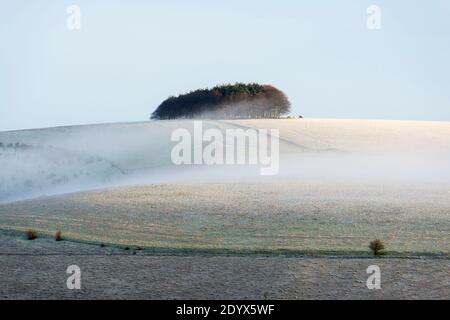 Shaftesbury, Dorset, Großbritannien. Dezember. Wetter in Großbritannien. Ein leichtes Staubwischen von Schnee auf den Feldern bei Compton Down in der Nähe von Shaftesbury in Dorset mit Nebel, der sich nach einer frühen morgendlichen winterlichen Dusche bildet. Bild: Graham Hunt/Alamy Live News Stockfoto