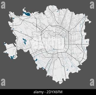 Stadtplan von Mailand. Detaillierte Vektorkarte von Mailand Stadtverwaltung. Plakat mit Straßen und Wasser auf grauem Hintergrund. Stock Vektor
