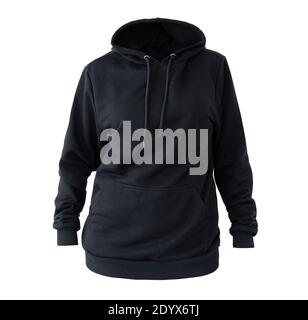 Blank schwarze weibliche Hoodie isoliert auf weißem Hintergrund Stockfoto