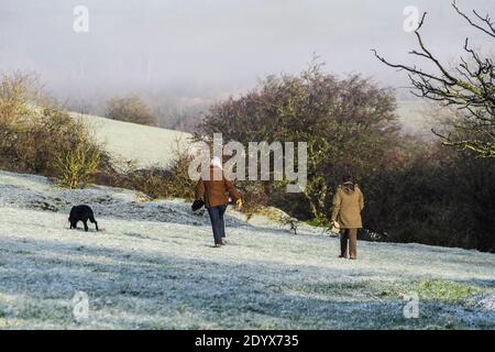 Shaftesbury, Dorset, Großbritannien. Dezember. Wetter in Großbritannien. Hunde Wanderer für ihre Übung auf Melbury Hill in der Nähe von Shaftesbury in Dorset mit dem Feld gefärbt weiß mit einem leichten Staubwischen von Schnee nach einem frühen Morgen winterlichen Dusche. Bild: Graham Hunt/Alamy Live News Stockfoto