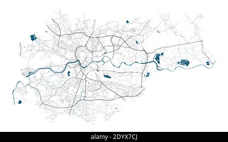 Krakauer Karte mit Straßen und Flüssen, Stadtgemeinde Verwaltungsgrenzen, Kunstdesign mit grau und blau auf weißem Hintergrund Stock Vektor