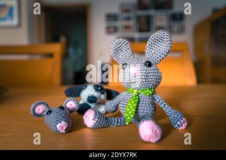 Hase, Maus, Hund, Amigurumi, Selfmade Stockfoto