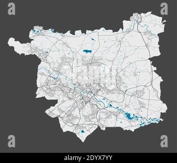 Karte von Leeds. Detaillierte Karte von Leeds Stadtverwaltung. Stadtbild-Panorama. Lizenzfreie Vektorgrafik. Übersichtskarte mit Autobahnen, Straßen, r Stock Vektor