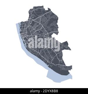 Liverpool-Karte. Detaillierte Vektorkarte des Verwaltungsgebiets der Stadt Liverpool. Stadtbild Poster Metropolregion Arie Ansicht. Dunkles Land mit weißen Straßen, Straßen Stock Vektor