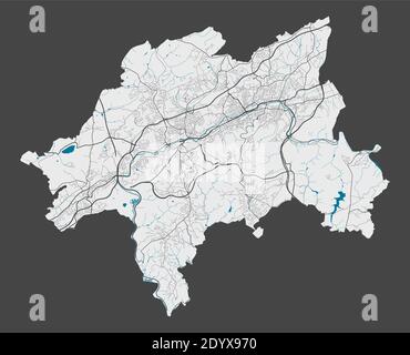 Wuppertal Karte. Detaillierte Karte der Stadtverwaltung Wuppertal. Stadtbild-Panorama. Lizenzfreie Vektorgrafik. Übersichtskarte mit Autobahnen, st Stock Vektor