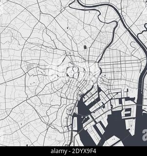 Stadtplan von Tokio. Vektorgrafik, Tokyo Karte Kunst Poster. Straßenkarte mit Straßen, Ansicht der Metropolregion. Stock Vektor