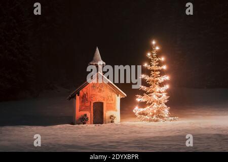 Weihnachtsbaum in der Nähe von winzigen schneebedeckten Kapelle in der versteckt Hölzer Stockfoto
