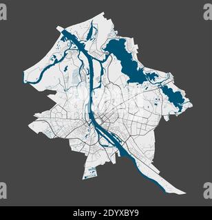 Riga-Karte. Detaillierte Vektorkarte von Riga Stadtverwaltung. Plakat mit Straßen und Wasser auf grauem Hintergrund. Stock Vektor