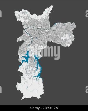 Karte von Sao Paulo. Detaillierte Karte von Sao Paulo Stadt Verwaltungsgebiet. Stadtbild-Panorama. Lizenzfreie Vektorgrafik. Übersichtskarte mit Autobahnen, st Stock Vektor