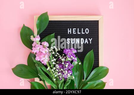 Hallo Sonntag Text auf schwarzem Briefbrett und Blumenstrauß bunte Blumen auf rosa Hintergrund. Konzept Happy Sunday. Vorlage für Postkarte, Grußkarte FL Stockfoto