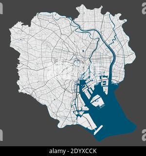 Tokyo-Karte. Detaillierte Karte des Verwaltungsgebiets der Stadt Tokio. Stadtbild-Panorama. Lizenzfreie Vektorgrafik. Lineare Übersichtskarte mit Autobahnen, str Stock Vektor